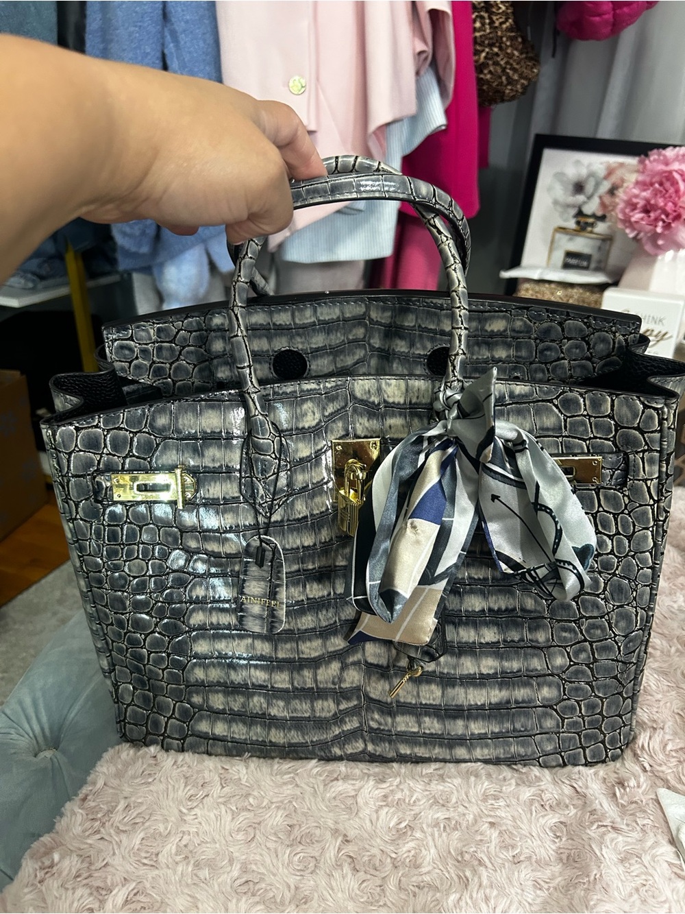 Croc-Embossed Structured Satchel in Gray with Scarf Accent